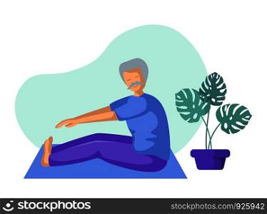 Elderly man doing yoga or stretching on mat, old person doing sport exercise and meditation. male flat character and potted flower on white background, vector illustration. Yoga Different People