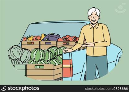 Elderly man farmer stands near car with fresh fruits and vegetables, selling healthy food at farms fair. Gray-haired farmer with smile showing organic watermelons grown without use of pesticides. Elderly man farmer stands near car with fresh fruits and vegetables, selling healthy food at fair