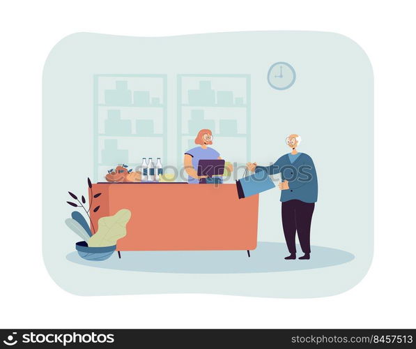 Elderly man going food shopping vector illustration. Male character holding bag. Smiling female cashier talking to him. Buying food concept for banner, website design or landing web page