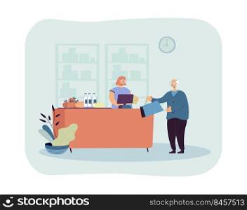Elderly man going food shopping vector illustration. Male character holding bag. Smiling female cashier talking to him. Buying food concept for banner, website design or landing web page