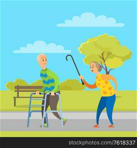Elderly man going with walker, pensioner woman walking with wand, retirement people in park, green nature and bench, aged person with cane vector. Aged People Walking in Park, Pensioner Vector