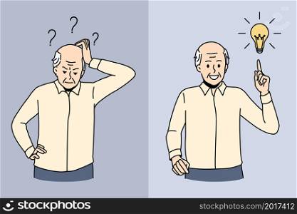 Elderly man having mood swings suffer from Alzheimer disease. Old grey-haired grandfather struggle with mental illness, memory loss in maturity. Elder healthcare concept. Vector illustration.. Elderly man suffer from mood swings
