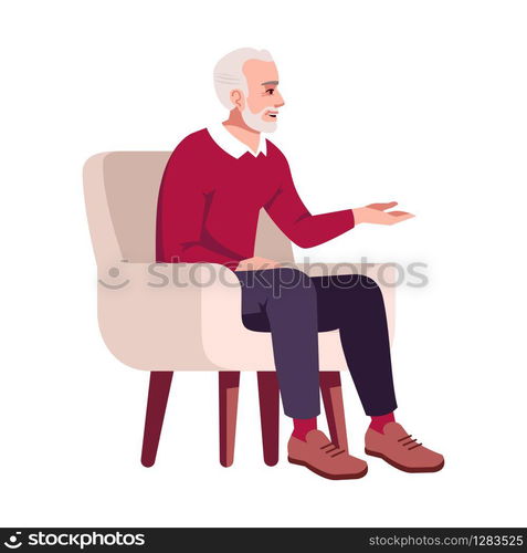 Elderly man in armchair semi flat RGB color vector illustration. Pensioner talking. Retired person taking part in conversation. Psychology consultation. Isolated cartoon character on white background