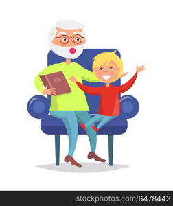 Elderly Man in Glasses Reading Book to Grandson. Elderly man in glasses reading book to grandson sitting together in armchair vector illustration isolated on white background