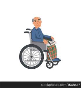 Elderly man in wheelchair. Old man grandfather disabled in wheelchair isolated on white background. Nursing home. Senior people healthcare assistance flat Vector illustration. Elderly man in wheelchair. Old man grandfather disabled in wheelchair isolated on white background. Nursing home. Senior people healthcare assistance flat Vector illustration.