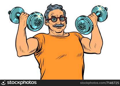elderly man lifts dumbbells, fitness sport. Pop art retro vector illustration drawing vintage kitsch. elderly man lifts dumbbells, fitness sport