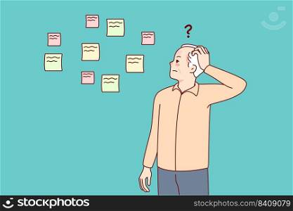 Elderly man making notes suffering from memory loss. Old grandfather use memo stickers struggling with Alzheimer or dementia. Health problems concept. Vector illustration.. Old man use notes suffering from memory loss