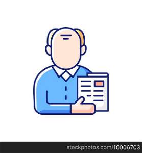 Elderly man RGB color icon. Senior citizen. Old male pensioner. Maturity stage. Ageing signs. Flabby appearance. Old age pension. Hypertension, cataract, hearing loss. Isolated vector illustration. Elderly man RGB color icon