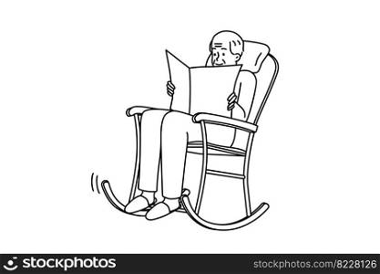 Elderly man sit in rocking chair reading newspaper. Old grey-haired grandfather relax in armchair enjoy press. Happy calm maturity. Vector illustration. . Elderly man sit in chair reading newspaper 