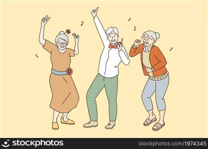 Elderly mature people active lifestyle concept. Group of happy old grey haired men and women dancing having fun enjoying time together vector illustration . Elderly mature people active lifestyle concept.