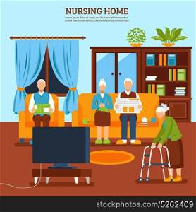 Elderly Nursing Indoor Composition. Old people home interior background with text and flat aged characters composition with household furniture houseplants vector illustration