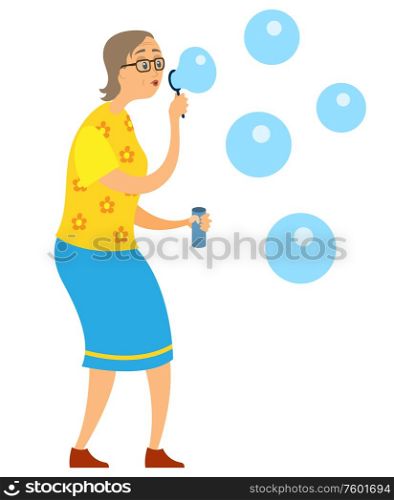 Elderly old woman blowing soap bubbles, portrait and full length view of pensioner female wearing skirt and t-shirt making bubble-blower, funny vector. Grandmother Making Bubble-Blowers, Blowing Vector