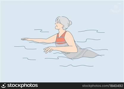 Elderly people active lifestyle concept. Old mature positive woman cartoon character swimming in water feeling great vector illustration . Elderly people active lifestyle concept.