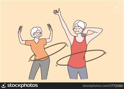 Elderly people active lifestyle concept. Two smiling happy healthy mature aged women friends making sport workout and rolling hoops on waists vector illustration . Elderly people active lifestyle concept