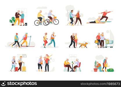 Elderly people activities. Happy active pensioners. Senior couples relax. Family dance and do sports. Old persons walk and travel. Grandparents healthy lifestyle. Vector retired leisure actions set. Elderly people activities. Active pensioners. Senior couples relax. Family dance and do sports. Old persons walk and travel. Grandparents healthy lifestyle. Vector leisure actions set