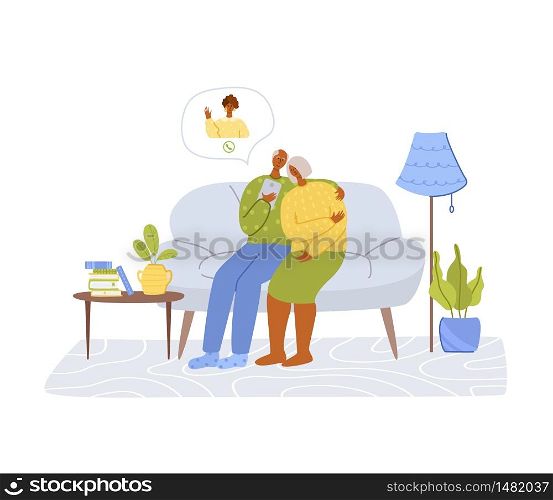Elderly people and online communication - african american old couple calls daughter, online chatting and video call concept, social distance isolation and connection with devices vector illustration. old people and online communication