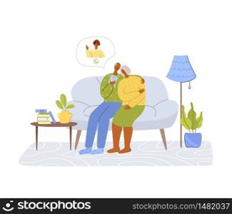 Elderly people and online communication - african american old couple calls daughter, online chatting and video call concept, social distance isolation and connection with devices vector illustration. old people and online communication