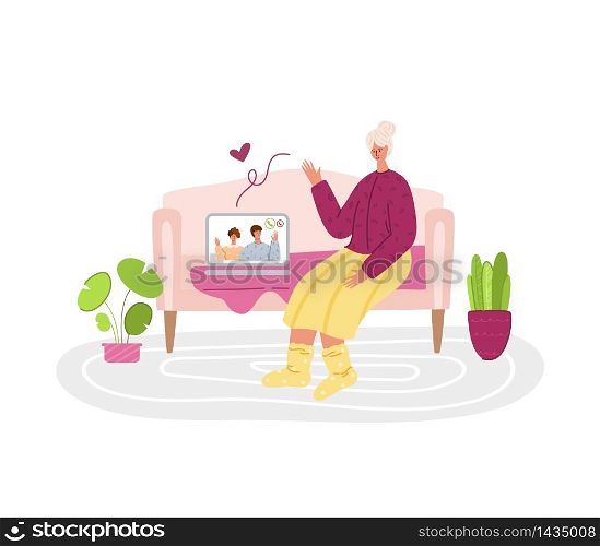 Elderly people and online communication - children or young adults call grandparents, online chatting and video call concept, social distance isolation and connection with devices vector illustration. old people and online communication