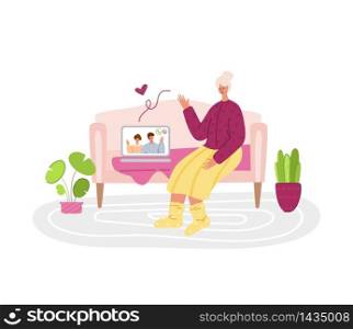 Elderly people and online communication - children or young adults call grandparents, online chatting and video call concept, social distance isolation and connection with devices vector illustration. old people and online communication