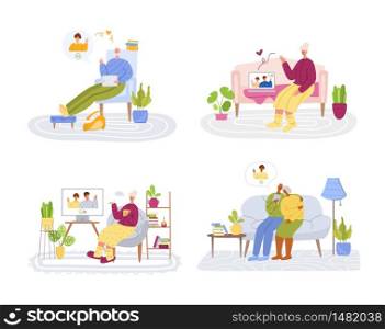 Elderly people and online communication - children or young relatives call grandparents, online chatting video call concept, social distance isolation and connection with devices vector illustration. old people and online communication