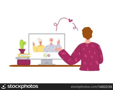 Elderly people and online communication - children or young relatives call grandparents, online chatting video call concept, social distance isolation and connection with devices vector illustration. old people and online communication