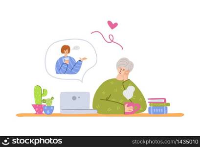 Elderly people and online communication - young adult girl calls grandparents, online chatting and video call concept, social distance isolation and connection with devices vector illustration. old people and online communication