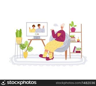 Elderly people and online communication - young relatives call grandparents, online chatting and video call concept, social distance isolation and connection with devices vector illustration. old people and online communication