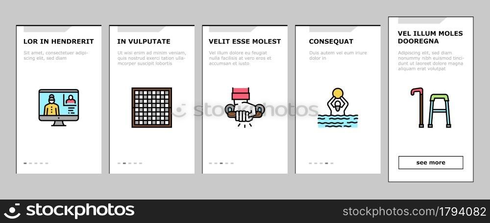 Elderly People Care Onboarding Mobile App Page Screen Vector. Golf Game And Chess Playing, Swimming Exercise And Training Elderly Grandfather And Grandmother Illustrations. Elderly People Care Onboarding Icons Set Vector