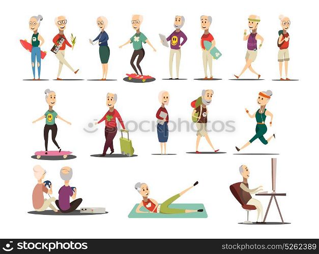 Elderly People Concept Icons Set. Elderly people concept icons set with travel and tourism symbols cartoon isolated vector illustration