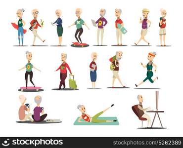 Elderly People Concept Icons Set. Elderly people concept icons set with travel and tourism symbols cartoon isolated vector illustration