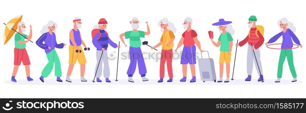 Elderly people. Crowd of active senior elderly people, healthy grandmother, grandfather recreation, old men and women vector illustration set. Character holding selfie stick, holding luggage. Elderly people. Crowd of active senior elderly people, healthy grandmother, grandfather recreation, old men and women vector illustration set