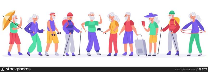 Elderly people. Crowd of active senior elderly people, healthy grandmother, grandfather recreation, old men and women vector illustration set. Character holding selfie stick, holding luggage. Elderly people. Crowd of active senior elderly people, healthy grandmother, grandfather recreation, old men and women vector illustration set