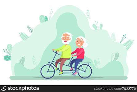 Elderly people driving bicycle together, grandparents active outdoor. Healthy hobby of grandmother and grandfather in casual clothes, eco transport vector. Grandparents on Bicycle, Riding Senior Vector