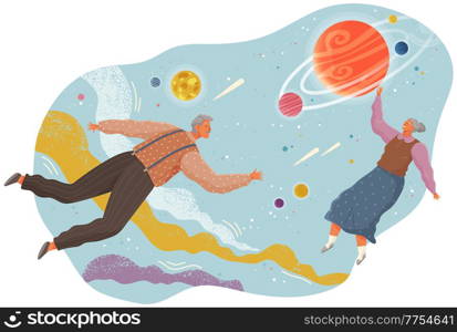 Elderly people flying to the stars in space with planets. Couple man and woman floating in imagination dreams. Male and female person flying in sky with planets wearing casual clothes flat vector. Elderly people flying to the stars in space with planets. Man and woman floating in dreams