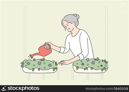 Elderly people happy lifestyle concept. Smiling old mature elderly woman grandmother standing watering flowers in pots on balcony vector illustration . Elderly people happy lifestyle concept.