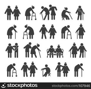 Elderly people icons. Elderly people icons. Aged or senior man signs, retired silhouettes vector illustration