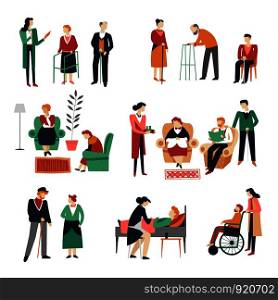 Elderly people isolated icons old and disabled men and women grandmother and grandfather cane and wheelchair pastime in nursery home tea and bed armchairs and walk retirement and rest vector.. Elderly people isolated icons old and disabled men and women