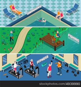 Elderly People Isometric Banners. Horizontal isometric banners with elderly people doing fitness fishing and swimming isolated vector illustration