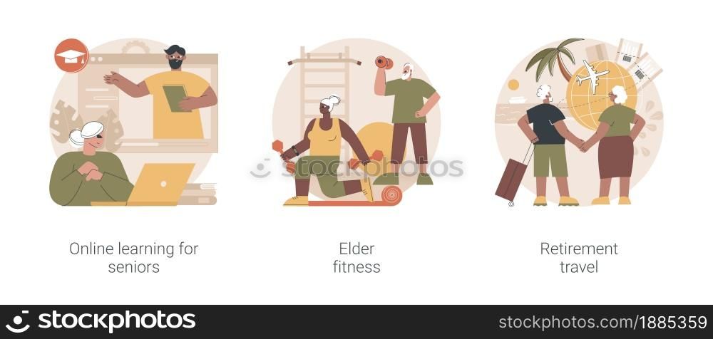 Elderly people lifestyle abstract concept vector illustration set. Online learning for seniors, elder fitness, retirement travel, fitness program, pension traveling expenses abstract metaphor.. Elderly people lifestyle abstract concept vector illustrations.