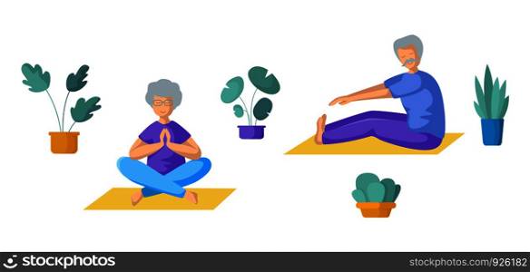 Elderly people - old couple - doing yoga, men and women doing sport exercises and meditation. Group of flat characters, isolated figures and potted flowers on white background, vector set . Yoga Different People