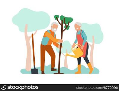 Elderly people planting tree. Senior family work in garden. Grandparents digging and watering plant. Gardening grandma and grandpa in orchard. Pensioners activity. Retired gardeners. Vector concept. Elderly people planting tree. Senior family in garden. Grandparents digging and watering plant. Gardening grandma and grandpa in orchard. Retired gardeners activity. Vector concept