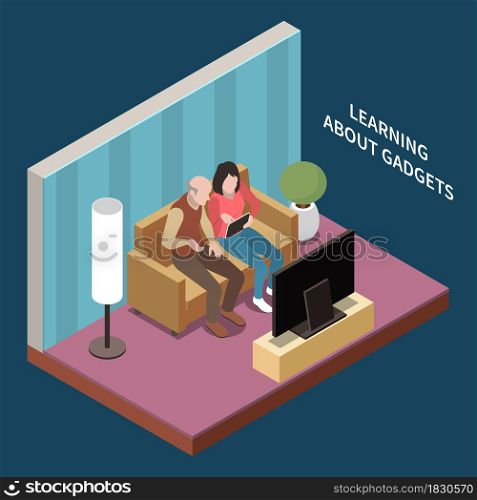 Elderly people professional social help service isometric composition with view of living room with human characters vector illustration. Elderly Learning Gadgets Composition