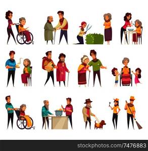 Elderly people professional social help service workers volunteers family support flat cartoon elements set isolated vector illustration