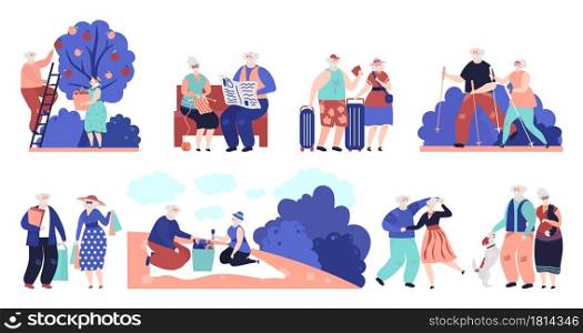 Elderly people. Seniors outdoor, old person walking dog. Man woman fun activities, sport and shopping, grandparents travel vector characters. Illustration senior active lifestyle, characters together. Elderly people. Seniors outdoor, old person walking dog. Man woman fun activities, sport and shopping, grandparents travel vector characters