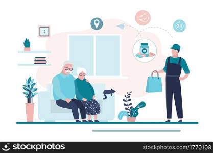 Elderly people stay at home. Free medication delivery. Online pharmacy, delivery man hold bag with medical drugs. Grandparents sitting on sofa. Internet drugstore. Healthcare banner. Flat vector. Elderly people stay at home. Free medication delivery. Online pharmacy, delivery man hold bag with medical drugs.