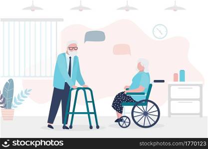 Elderly people talking. Seniors chatting in clinic hallway. Room interior. Grandfather and grandmother characters in trendy style. Communication between old people. Flat vector illustration. Elderly people talking. Seniors chatting in clinic hallway. Room interior. Grandfather and grandmother characters in trendy style.