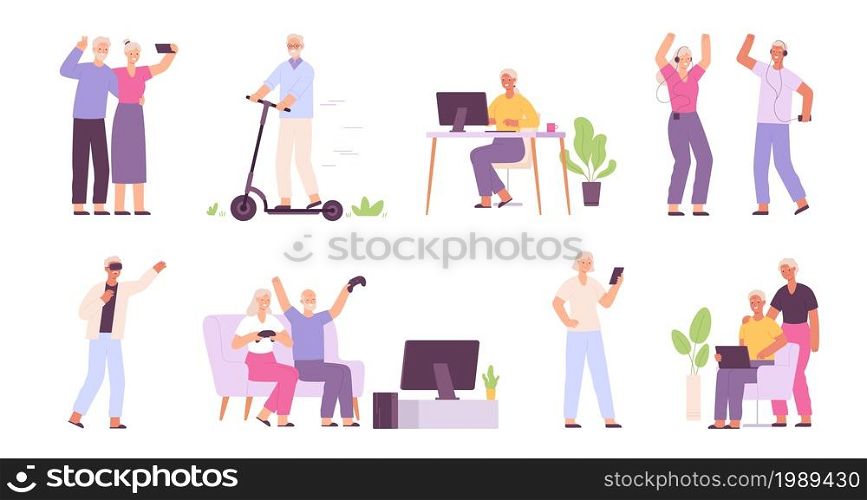 Elderly people with technology gadget, play video game. Senior family couple selfie. Old man and woman with communication device vector set. Retired person riding scooter, listening to music. Elderly people with technology gadget, play video game. Senior family couple selfie. Old man and woman with communication device vector set