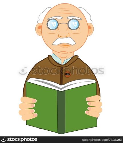 Elderly person reads book on white background is insulated. Man of the elderly age with book in hand