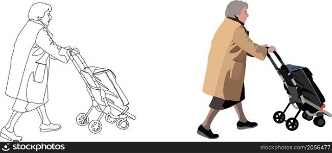 elderly person with stroller for groceries. elderly person with stroller for groceries -