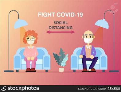 Elderly retirement wear masks protection fight covid-19 sitting comfortable for a healthy family concept. flat character. Abstract people. Health and medical. Flat design. Vector illustration.